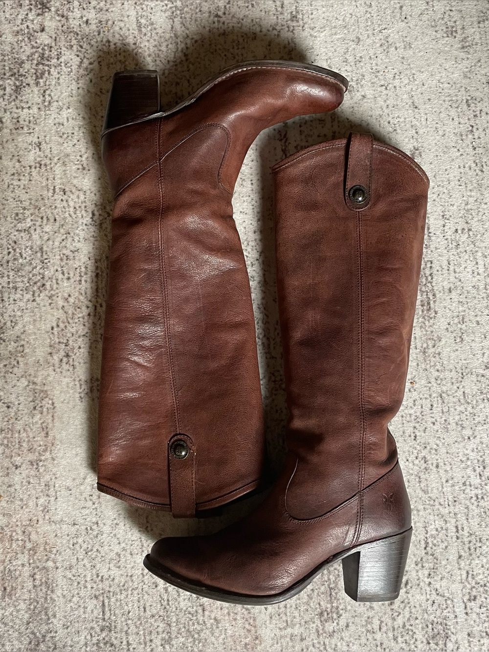 Frye Jackie Button Tall Brown Leather Heeled Boots. Size 6.5